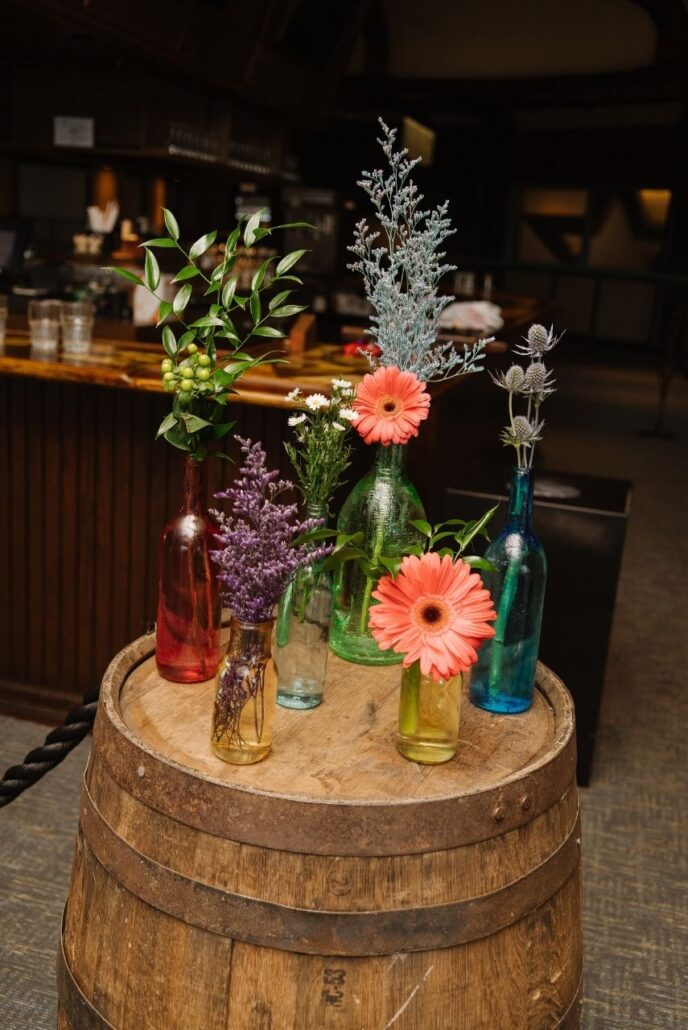 flowers on whisky barrel at weddings