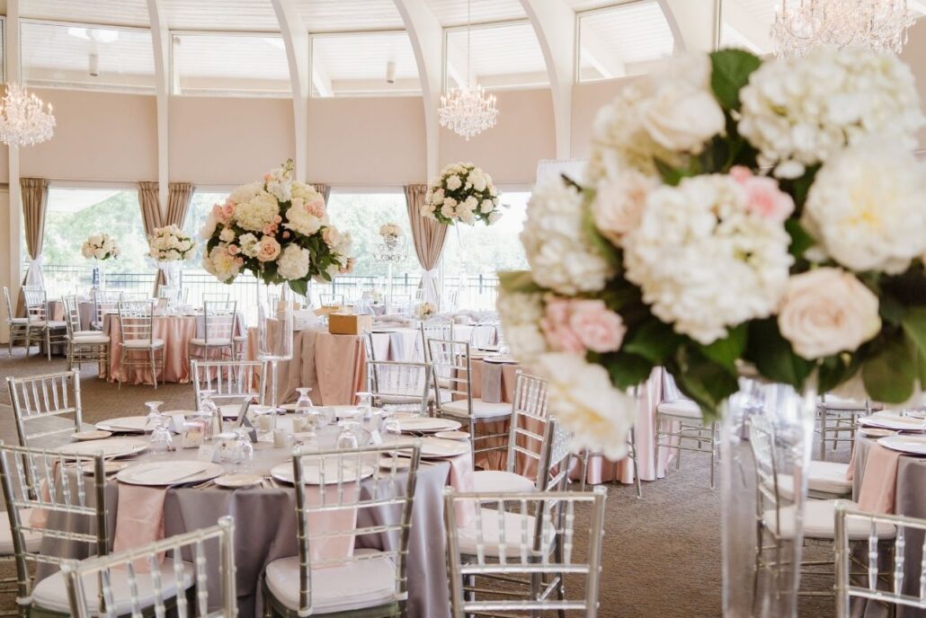 blush, ivory and gray wedding reception at rolling hills country club